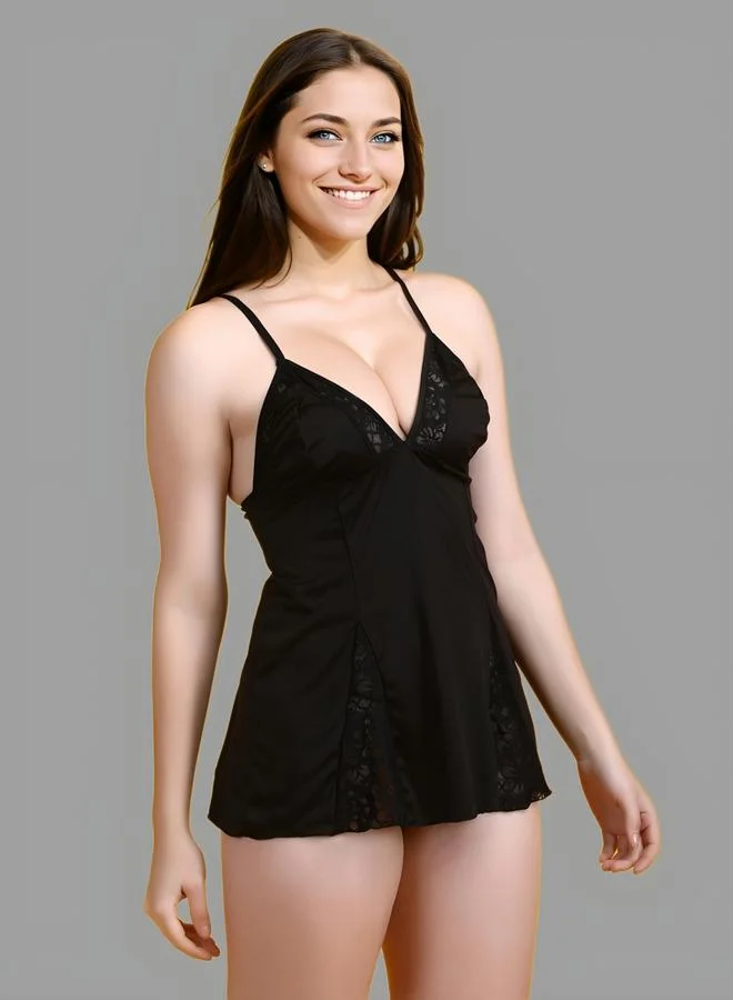 Take Two Women Black Strappy V Neck Lace Babydoll By Hill Islands